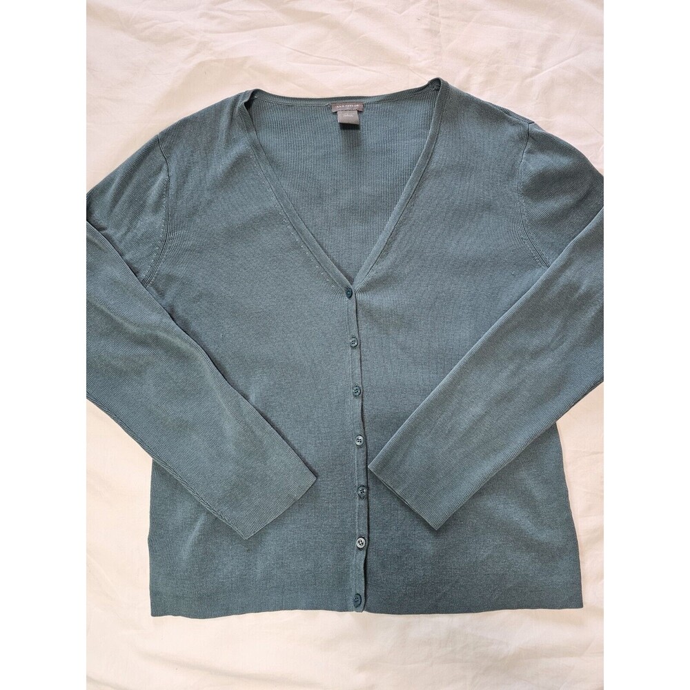 Ann Taylor Teal Blue Cardigan Sweater Size L Silk Cotton Classic Preppy Natural